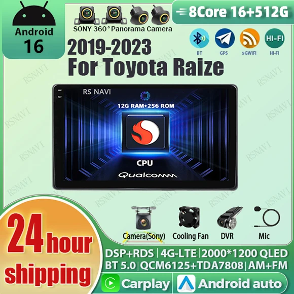 Android 16 Carplay Auto Qualcomm 2K QLED Screen Car Radio Player For Toyota raize 2019-2023 4G GPS Multimedia Stereo DSP BT Wifi