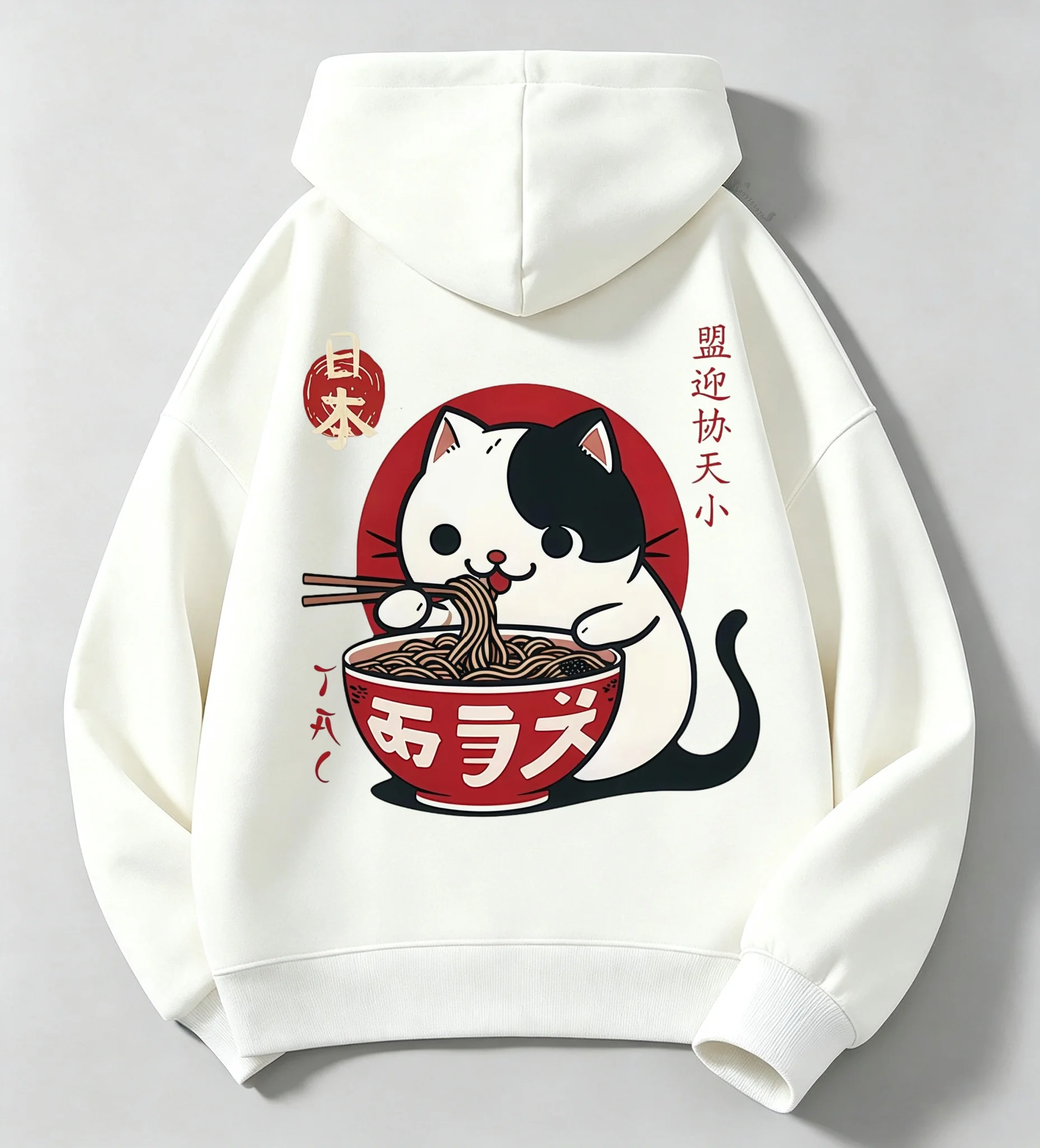 Children's casual hooded sweatshirt - Latest trendy Japanese-style cute cartoon cat drinking ramen pullover hoodie