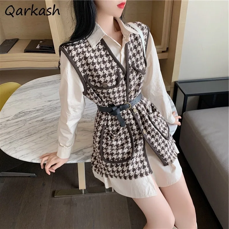 

Vests Women Houndstooth V-neck French Vintage Autumn Elegant Coats All-match Famous Lady Outwear High Street Pockets Aesthetic