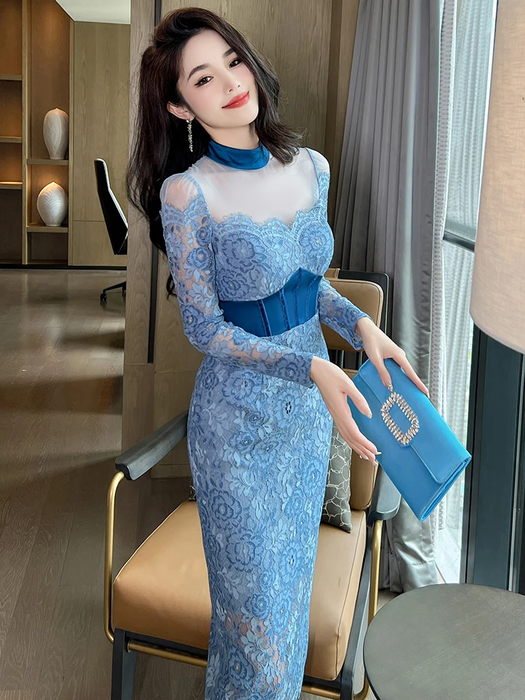 French Women's Prom Dress Woman Elegant Sweet Sheer Mesh Blue Lace Hook Flower Hollow Bodycon Robe Party Vestido Banquet Clothes