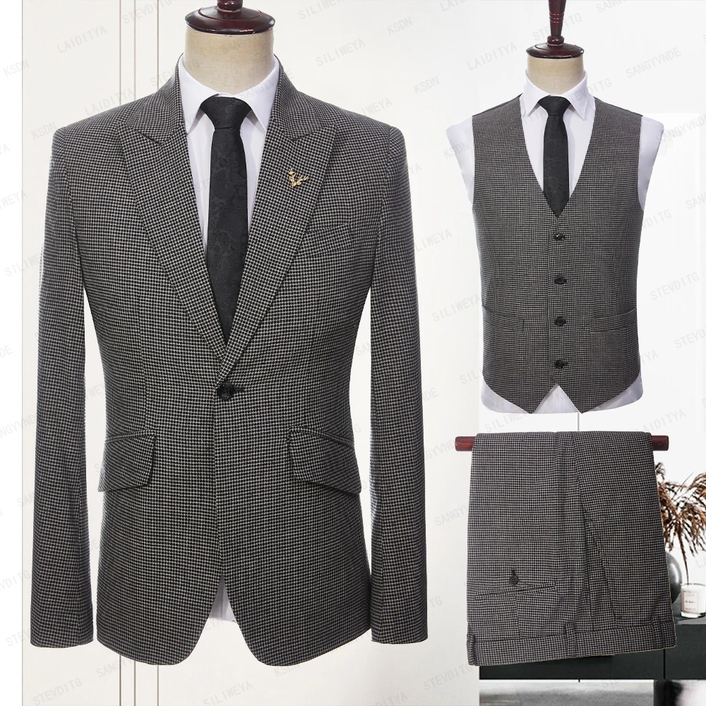 

2023 New Costume Homme Popular Men Linen Suits Black White Reto Classic Plaid Groom Slim Fit Tuxedo 3 Pcs Set Jacket Vest Pants