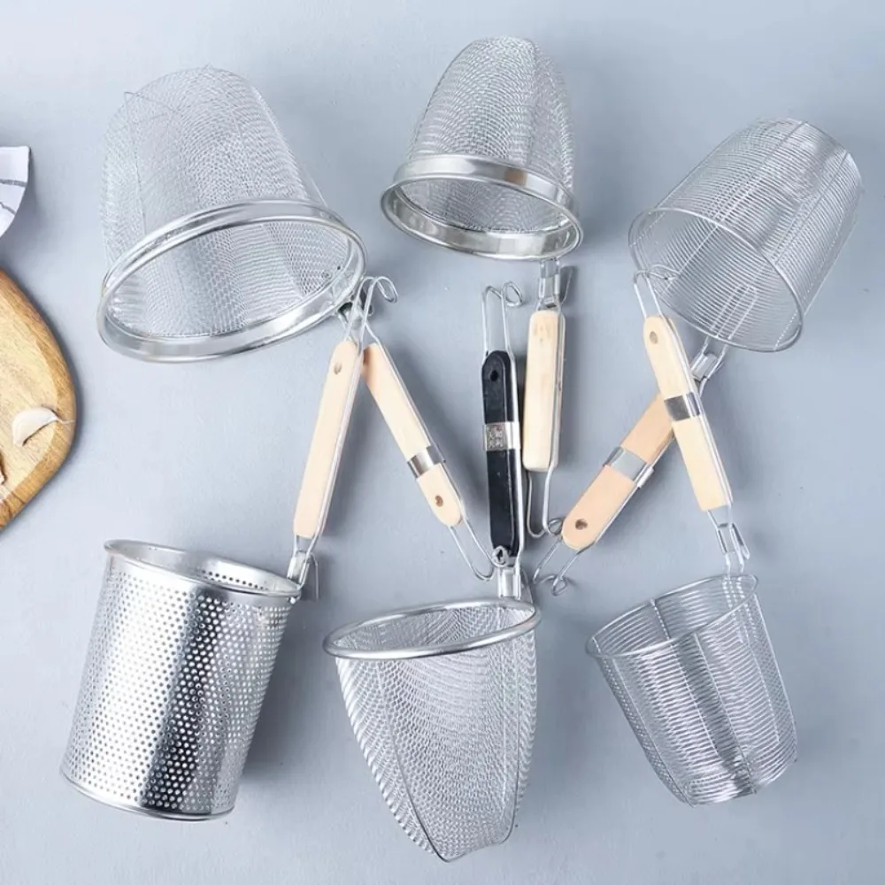 Stainless Steel Thickened Funnel Wooden Handle Pasta Basket Strainer Vegetables Mesh Sieve Spoon Noodle Funnel Deep Fry Basket