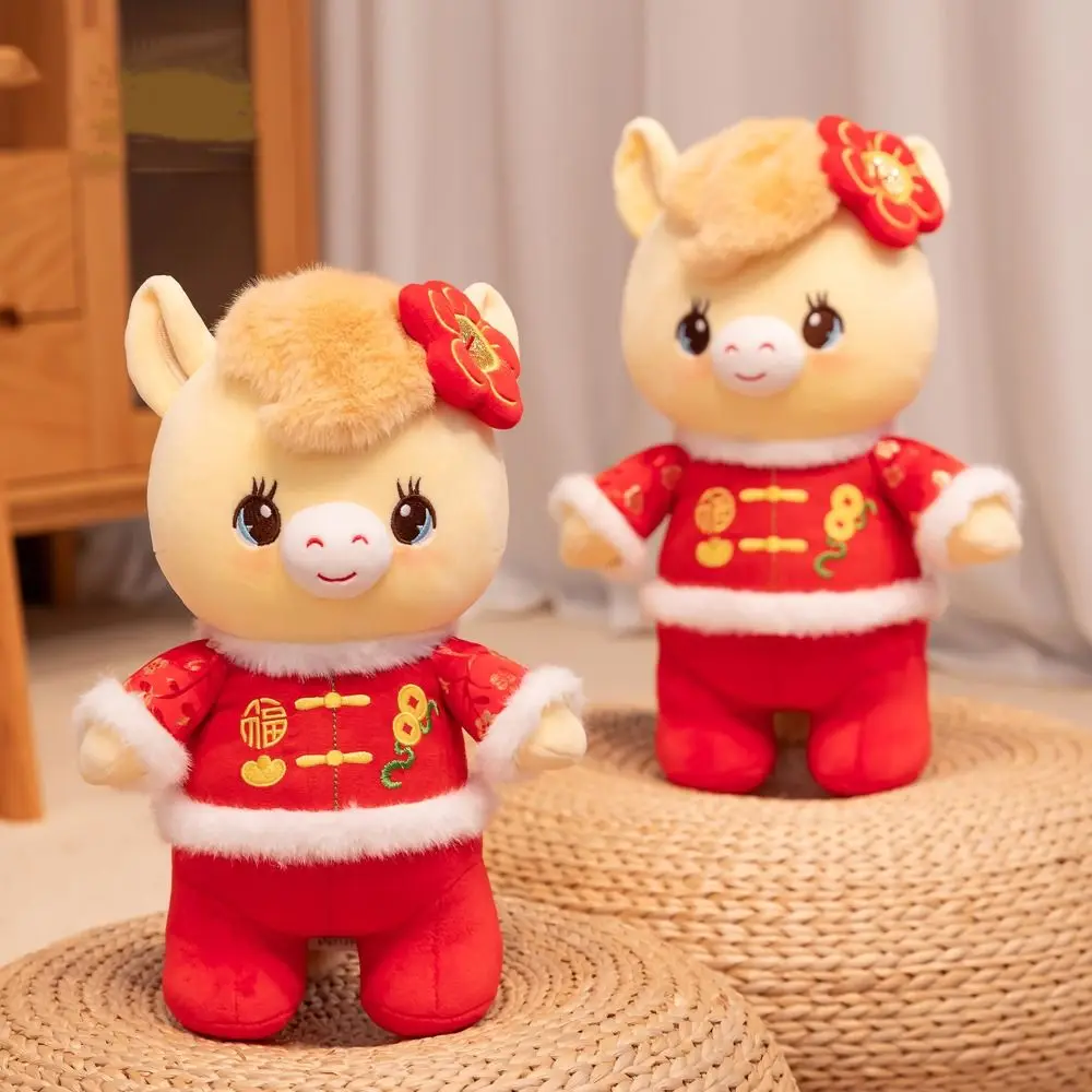 

Funny Chinese Zodiac Horse Stuffed Cute Red Lucky Pony with Tang Suit Cartoon Animal New Year Mascot Spring Festival
