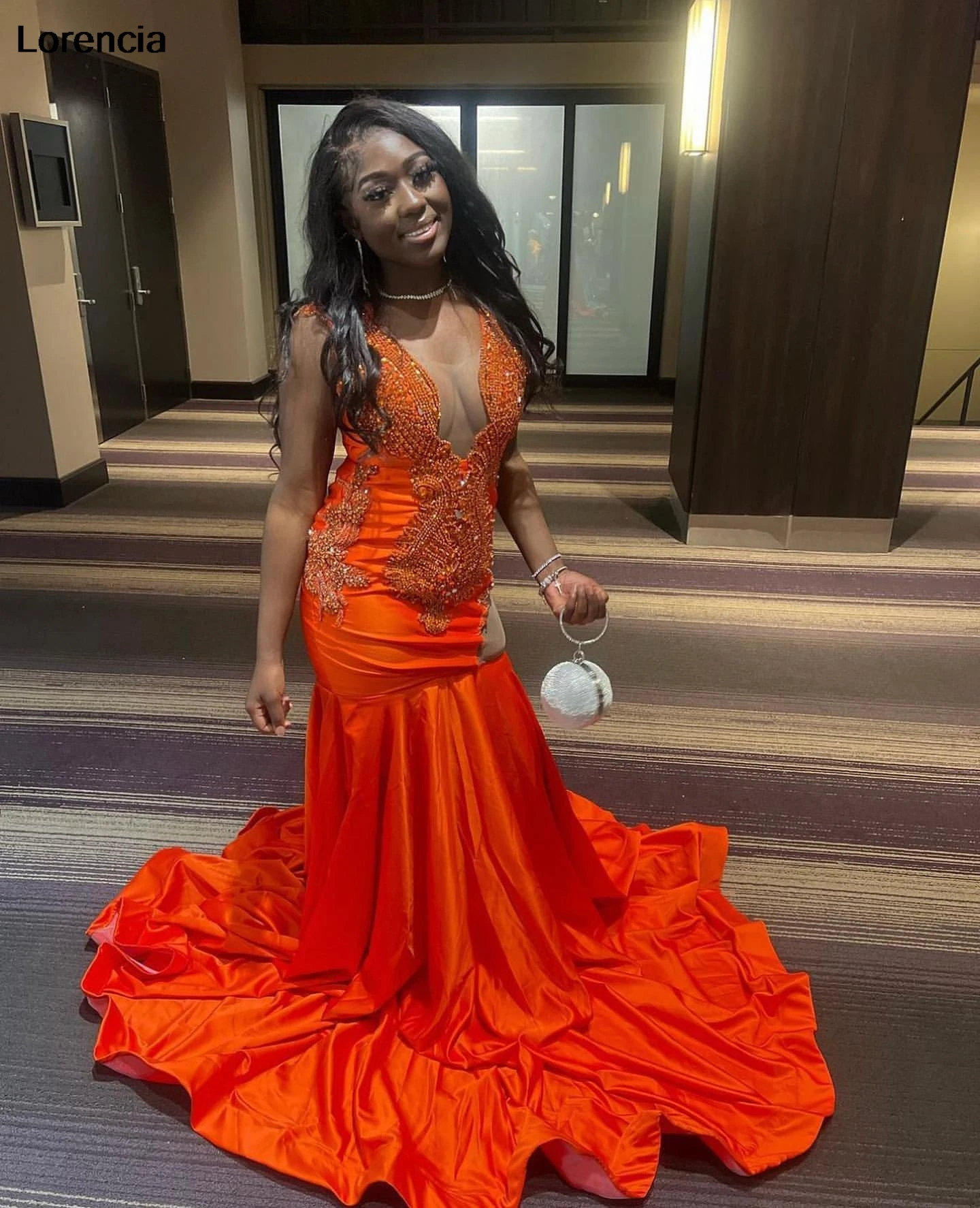 Lorencia Glitter Orange Mermaid Long Prom Dress For Black Girls Beaded Daimond Crystals Party Gown Vestidos De Festa YPD144