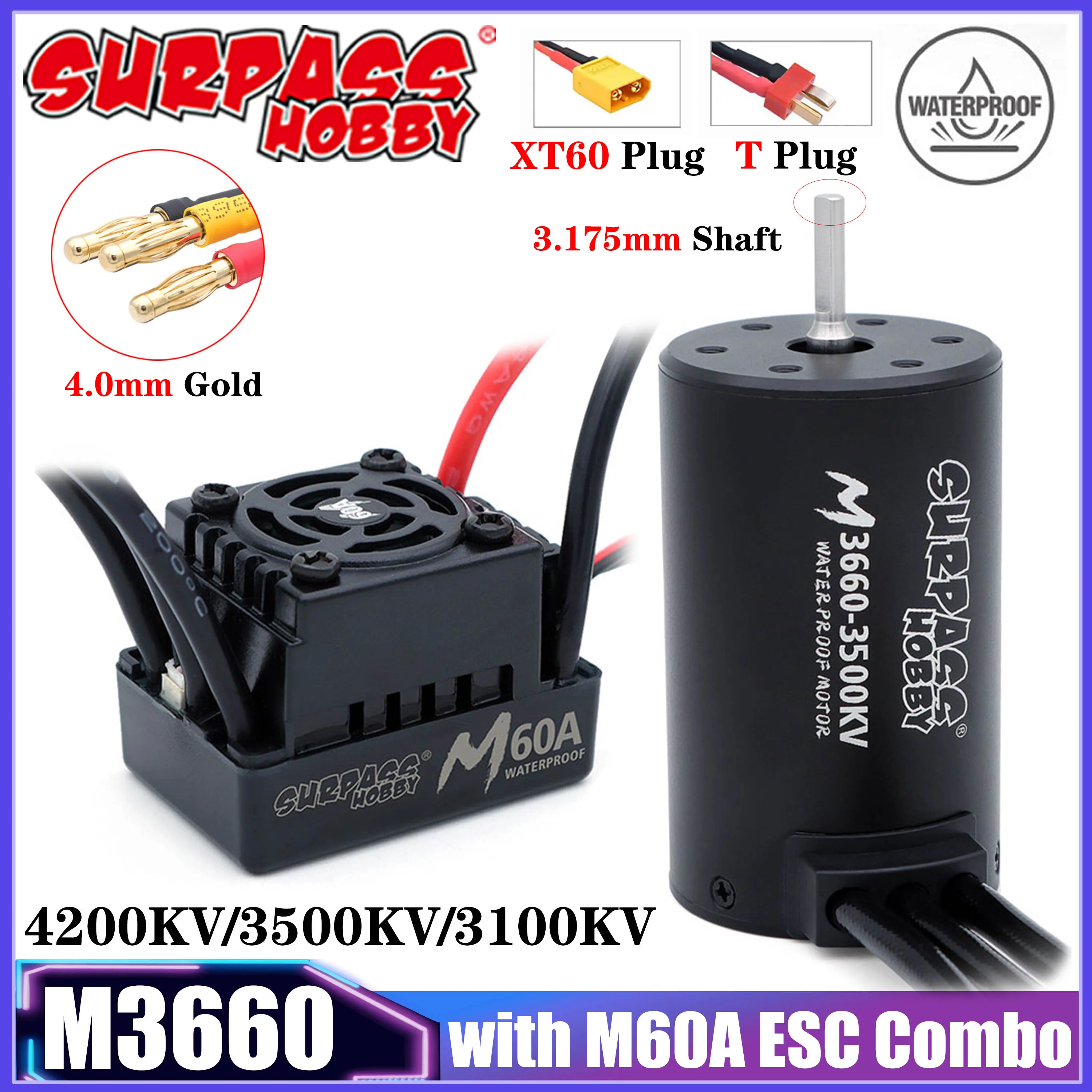 

SURPASS HOBBY M Series 3660 Waterproof Brushless Motor with M60A ESC Combo T/XT60 Plug for 1/10 RC Car Truck Boat Traxxas Wltoys