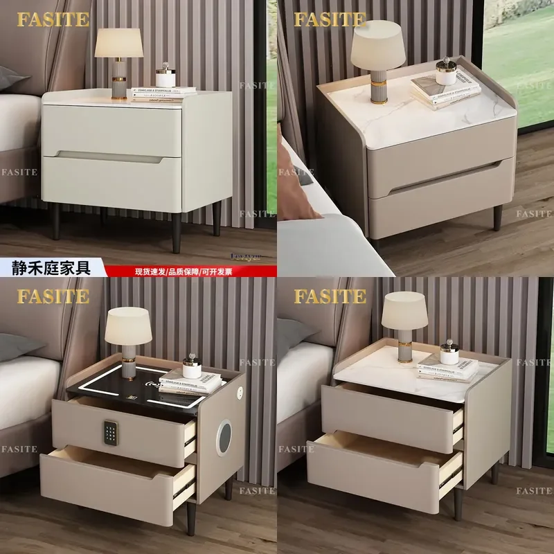 For Bedroom Light Luxury Bedside Table Modern Rock Slab Solid Wood Storage Cabinet with Password Lock Leather