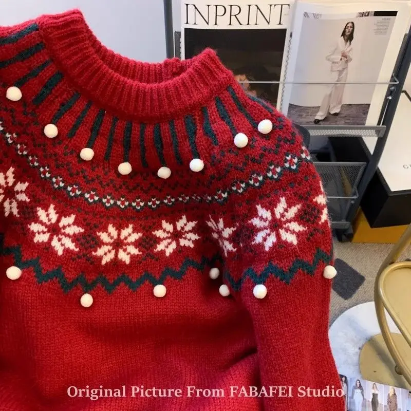 Świąteczny sweter damski z żakardowym wzorem Fair Isle na jesień i zimę, gruby, retro, luźny, uniwersalny top do noszenia pod ubraniem.