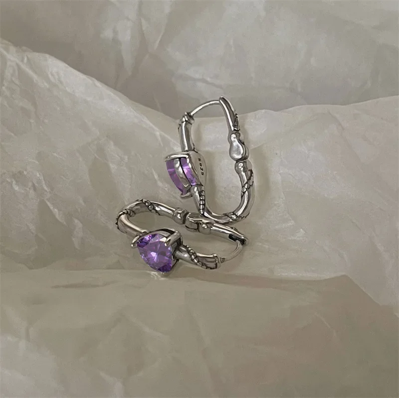

925 Sterling Silver hoop Earrings Temperament Heart purple Zircon for Women Wedding Jewelry Accessories