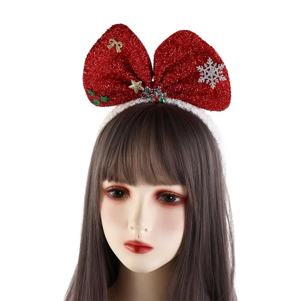 Cute Plush Bowknot Hair Hoop Shiny Non-slip Christmas Hairband Korean Style Head Wrap Christmas Headband Ladies