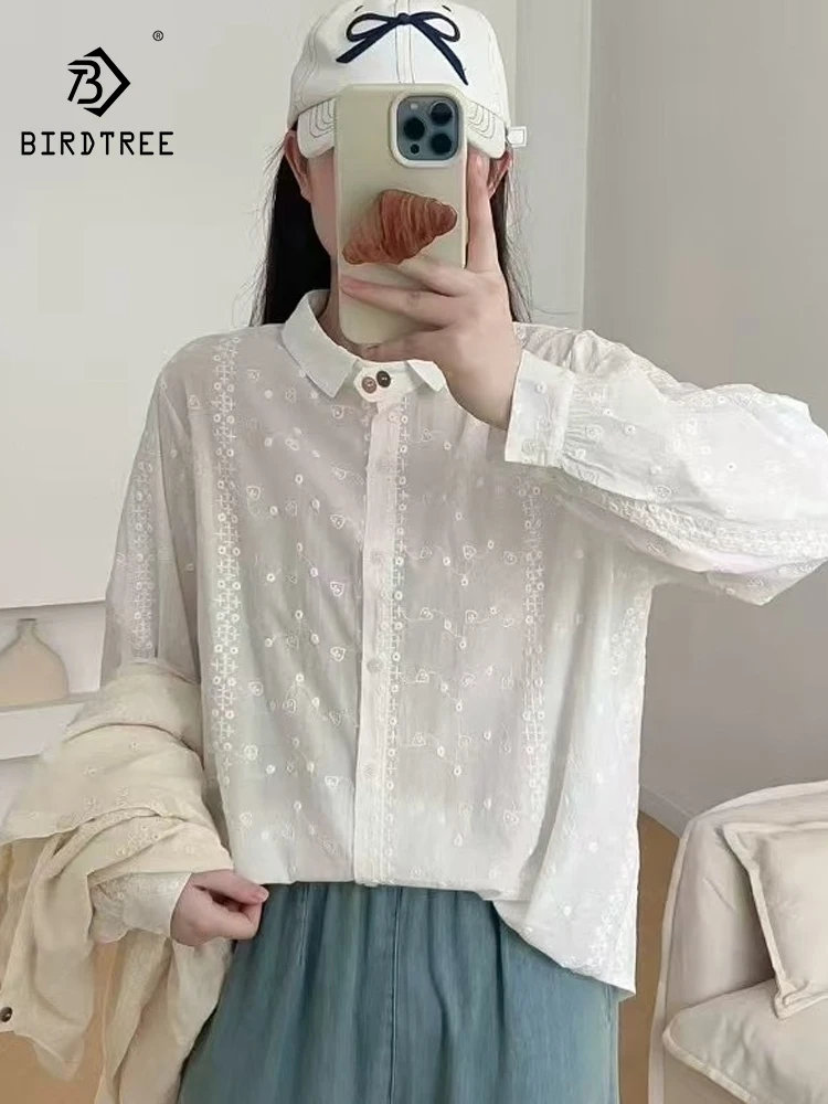 

New 2025 Autumn Cotton Long Sleeve Shirt, Women Turn-down Collar Embroidery, Mori Girl French Temperament Loose Blouse T58728CC