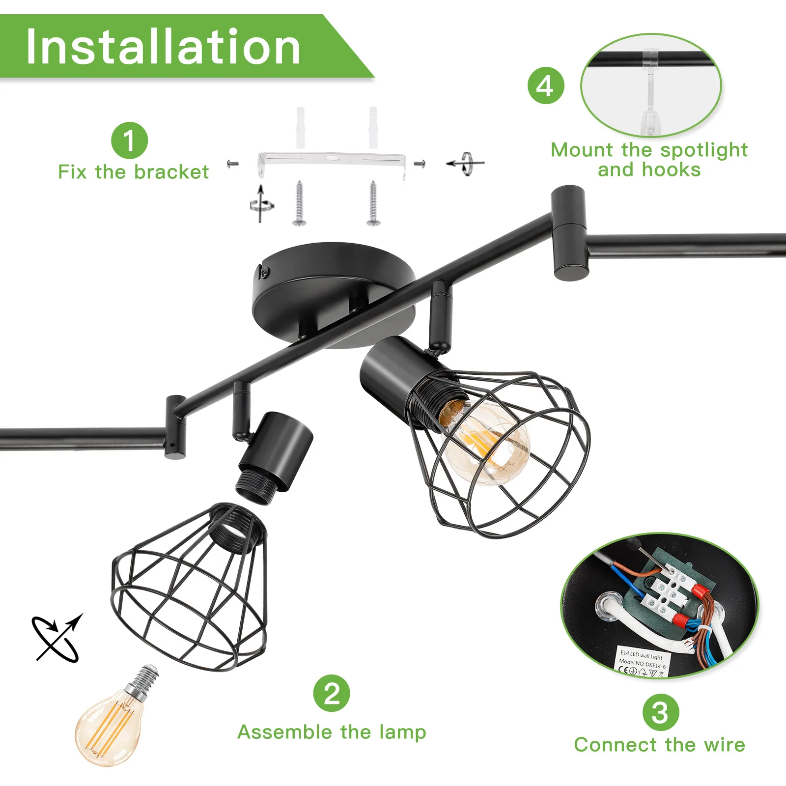 Kimjo 6-Wege-Deckenleuchte LED drehbare Küchen leuchten Deckens trahler Decken Decken schwarzer Draht käfig e14