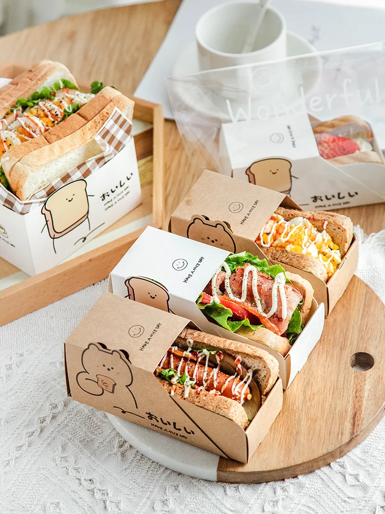 10pcs/lot Sandwich Box/Bag Wrapper Paper Bread Box Hamburger Portable Packaging Toast Box Breakfast Hotdog Box Baking Decor