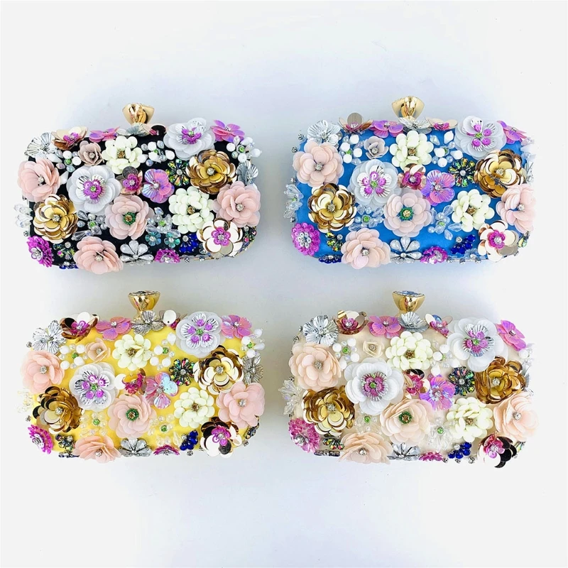 Floral Evening Dinner Handbag Beaded Flower Clutch Bag Metal Chain Crossbody Bag Banquet Handbag Wedding Prom Purse Dropship