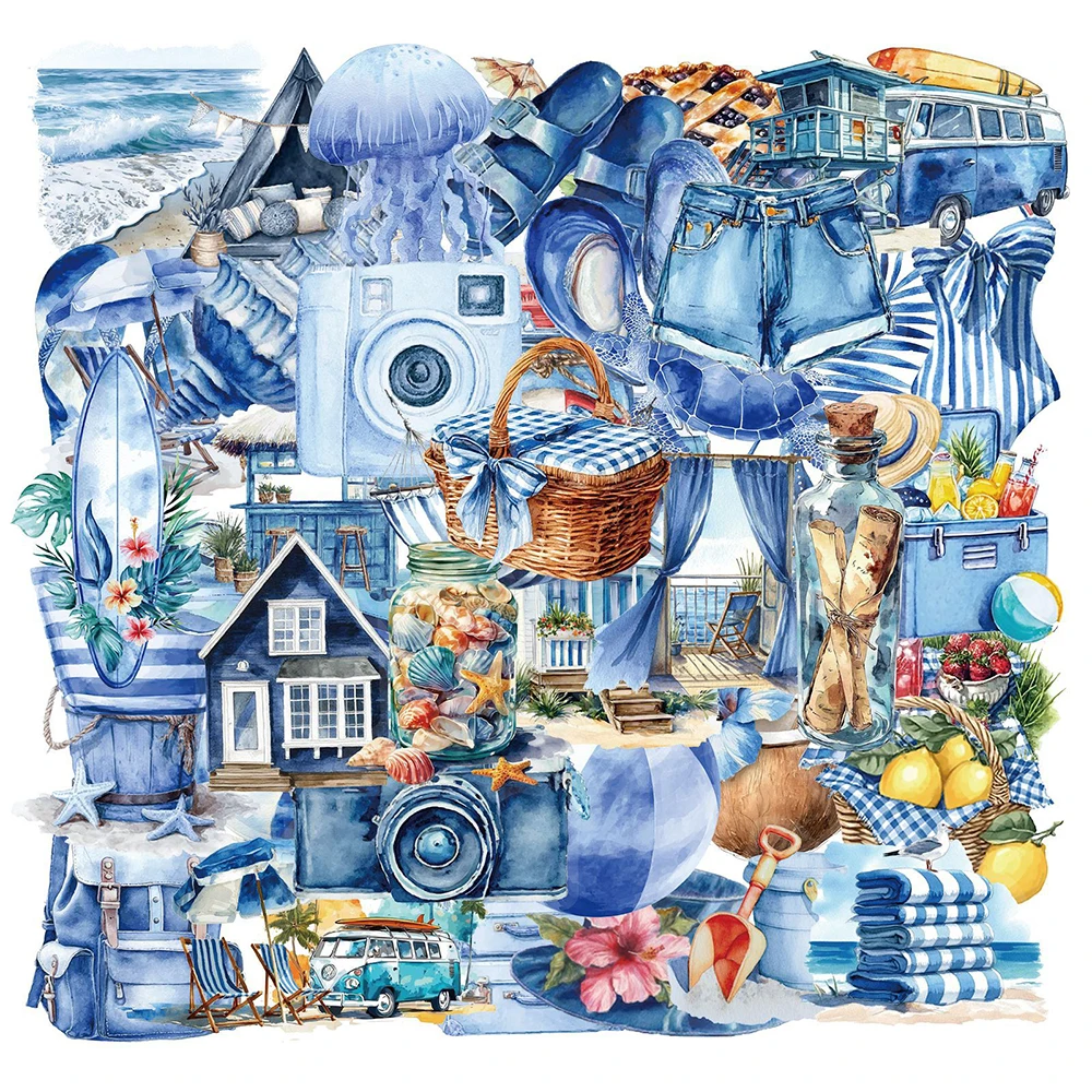 10/30/50 Stück Transparente Blaue Strand-Ästhetik Aufkleber Ins-Stil Graffiti-Sticker Wasserflasche Gitarre Handy Cartoon-Aufkleber Deko