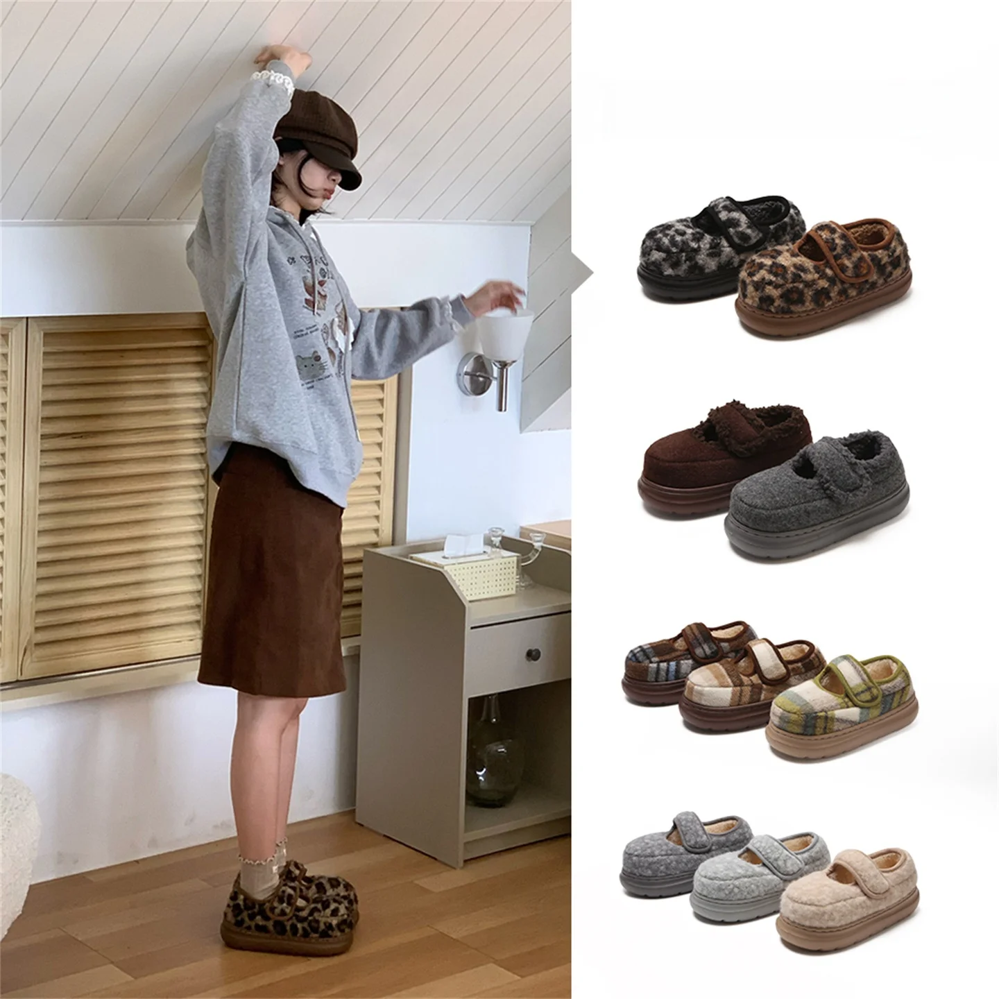 Fashionable Plaid Mary Jane Bread Cotton Shoes for Women with Magic Tape Thick Bottom Anti-Slip Autumn Winter Leopard Print C...