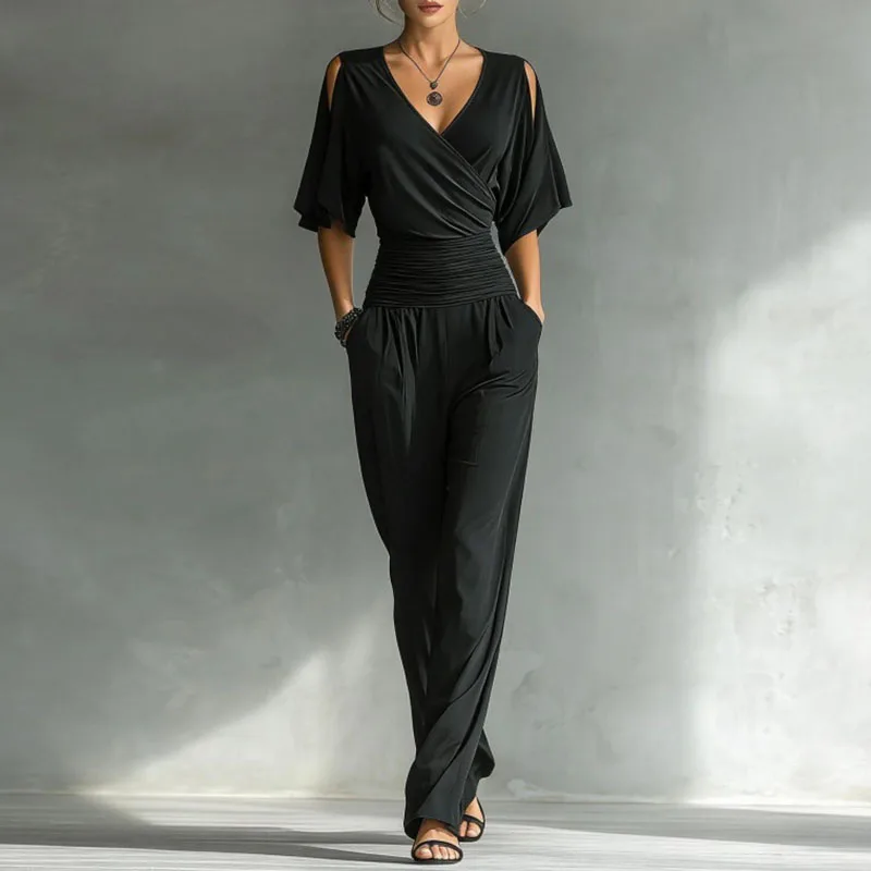 

Sexy V Neck Ruched Waist Long Jumpsuit for Woman Spring Solid Pocket Casual Pants Romper New Summer Short Sleeve Hollow Overalls