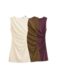 Women's Draped Mini Dress, O Neck, Sleeveless, Back Zipper, Female Dresses, Sexy Fashion