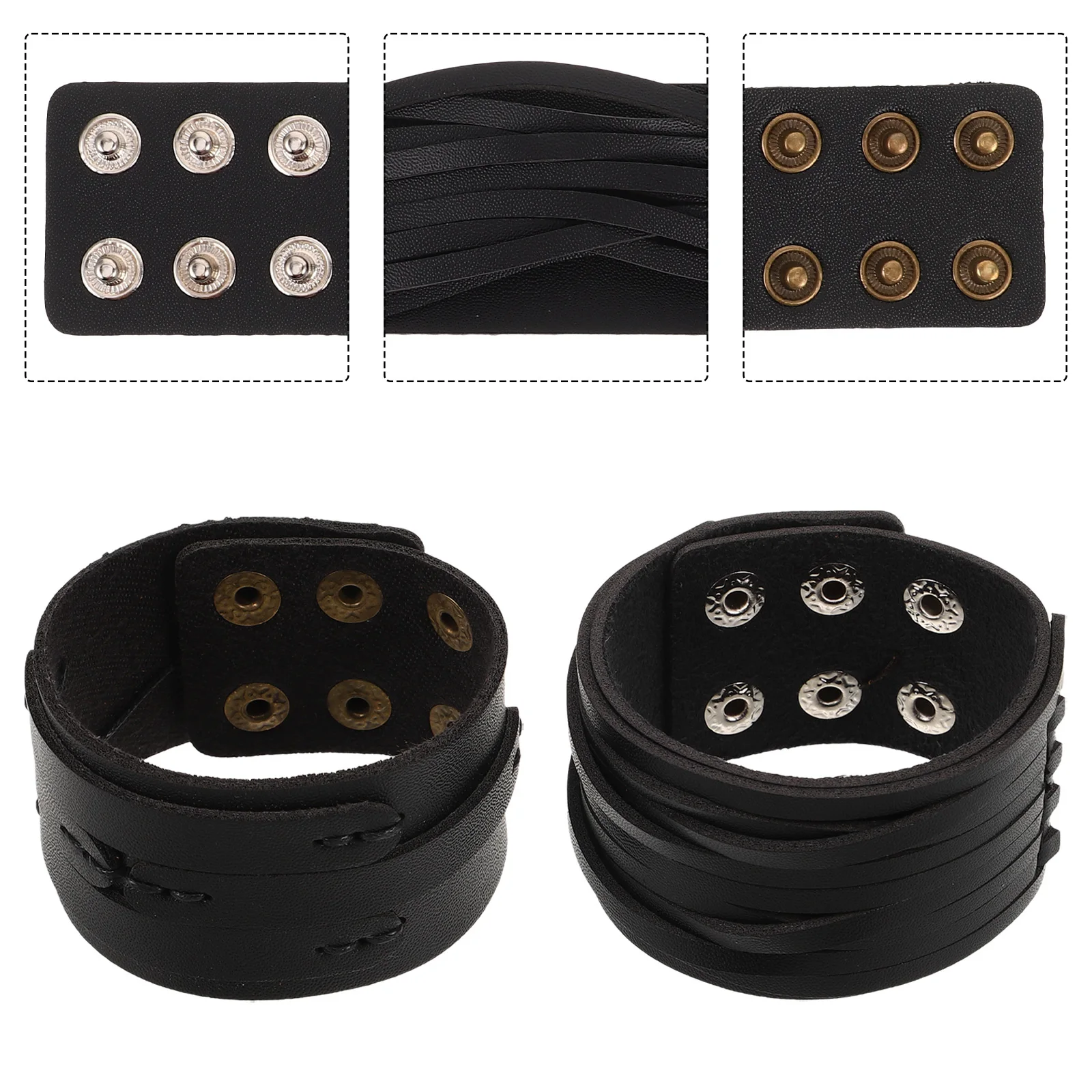 

2Pcs Punk Wide PU Cuff Bracelet Studded Vintage Wristband Adjustable Men Stylish Punk Jewelry Casual Outing