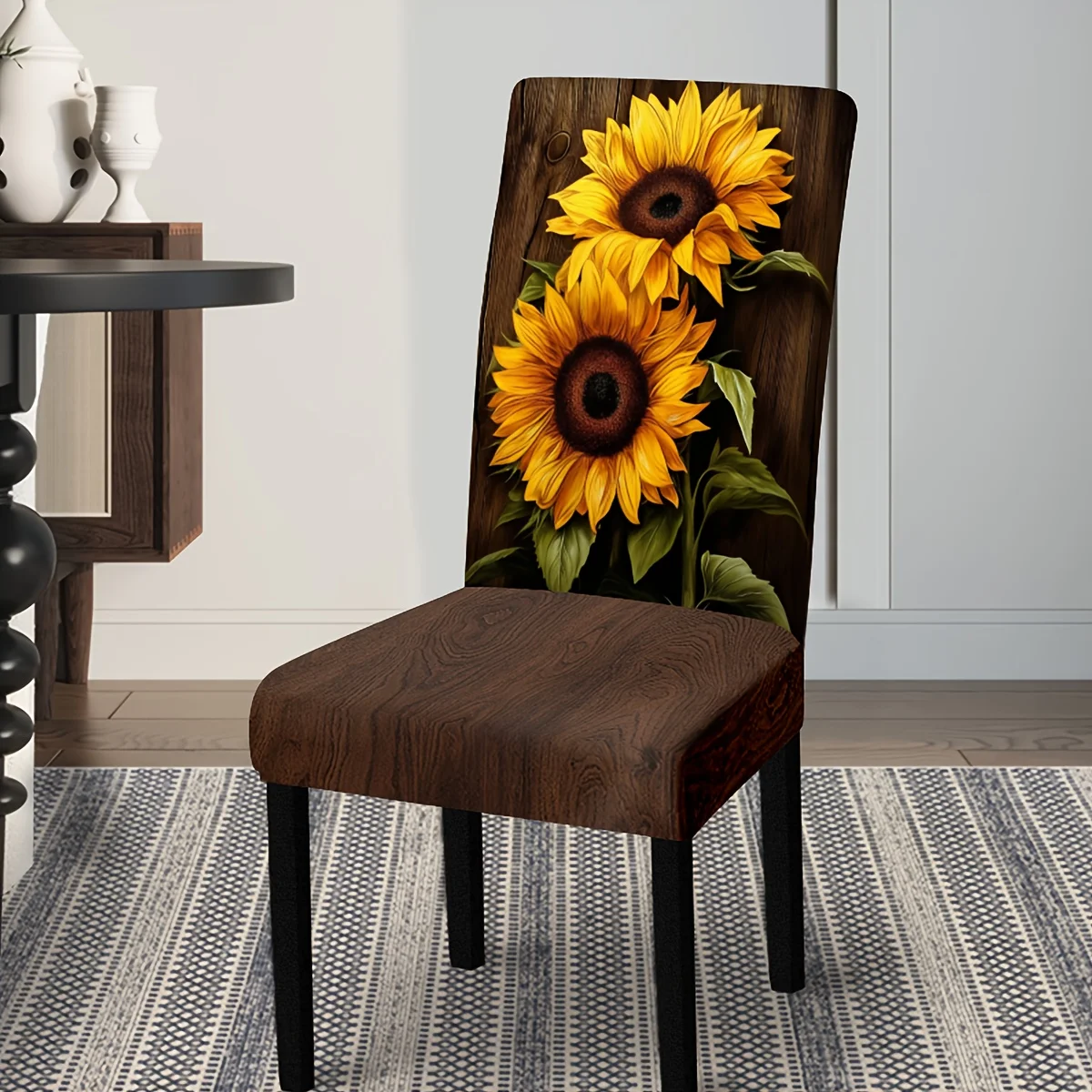 2/4/6pcs Farmhouse Wood & Plaid Sunshine Sunflower Print Dining Chair Slipcover, Washable Stretch Furniture Cover