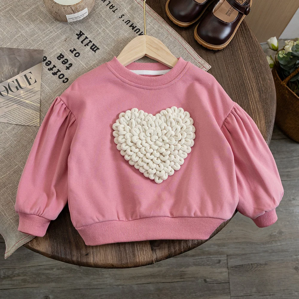 Baby Girls Tops Sweatshirt Korean Style Love Pattern Long Sleeve Pullover Kids Shirts Autumn Casual Loose Hoody Children Clothes