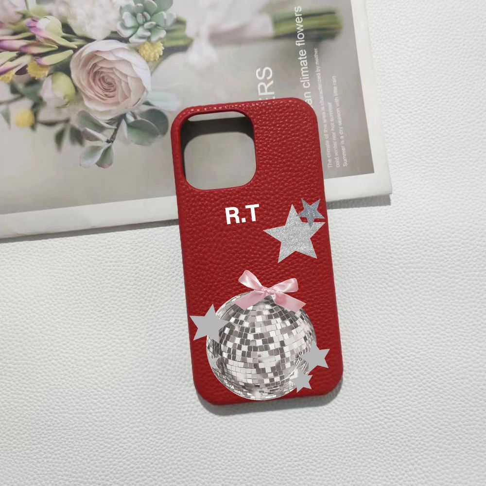 Personalised Initial letter Grain Leather Stars Whale Cases for iphone 11 12 14 13 15 Pro Max XS XR 14Plus Luxury kafr Covers