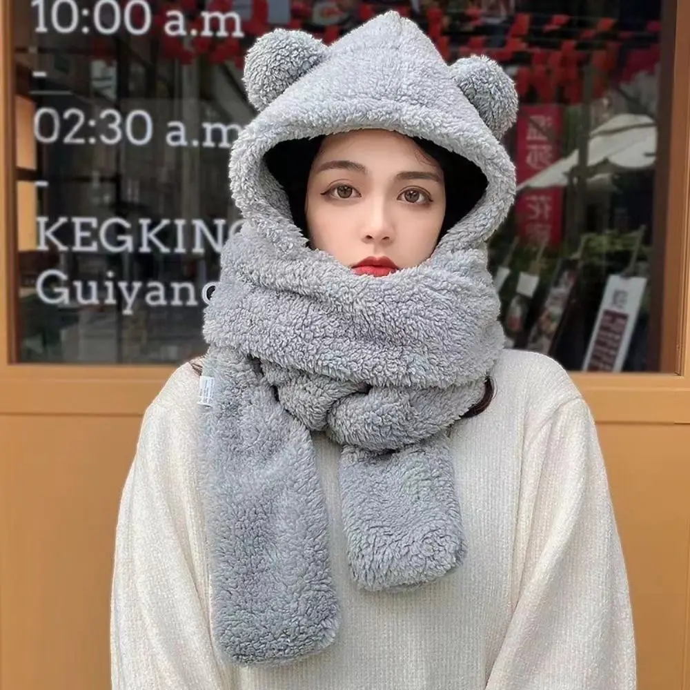 Cute Thickened Bear Ear Plush Beanie Ear Protection Warm Hat Scarf Skullies Cartoon Hat Lamb Fleece Hat Ladies