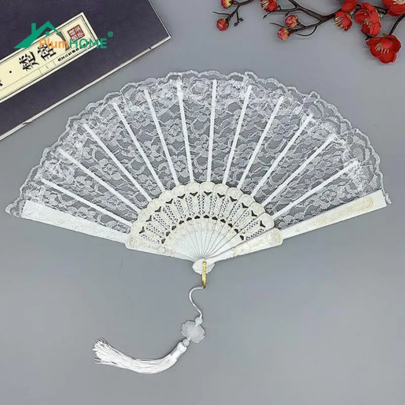 Ladies Lace Hand Fan Black White Cloth Folding Fans Spanish Victorian Hand Fan for Wedding Party Favor Gift Dance Fan Ornament