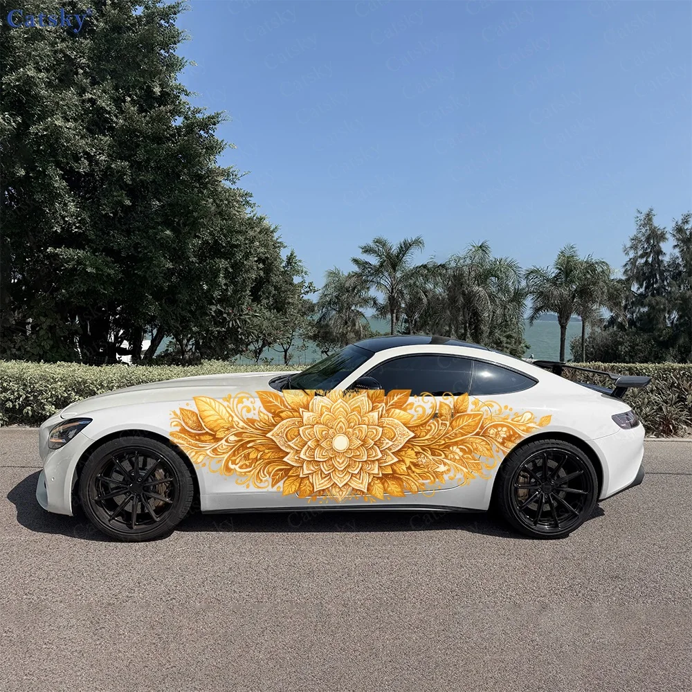 2Pcs Yellow Orange Abstract Paint Streaks Car Body Side Sticker, Automotive Door Side Graphics for Car, Car Decoration Accessory