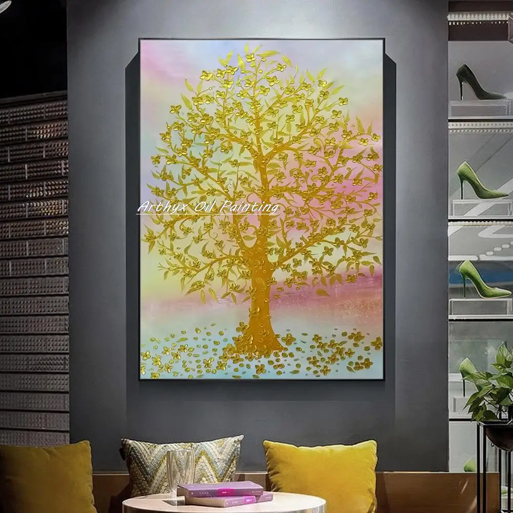 Arthyx Handpainted Thick Texture Gold Tree Folwer Oil Painting On Canvas,Modern Home Decoration,Wall Art,Picture For Living Room