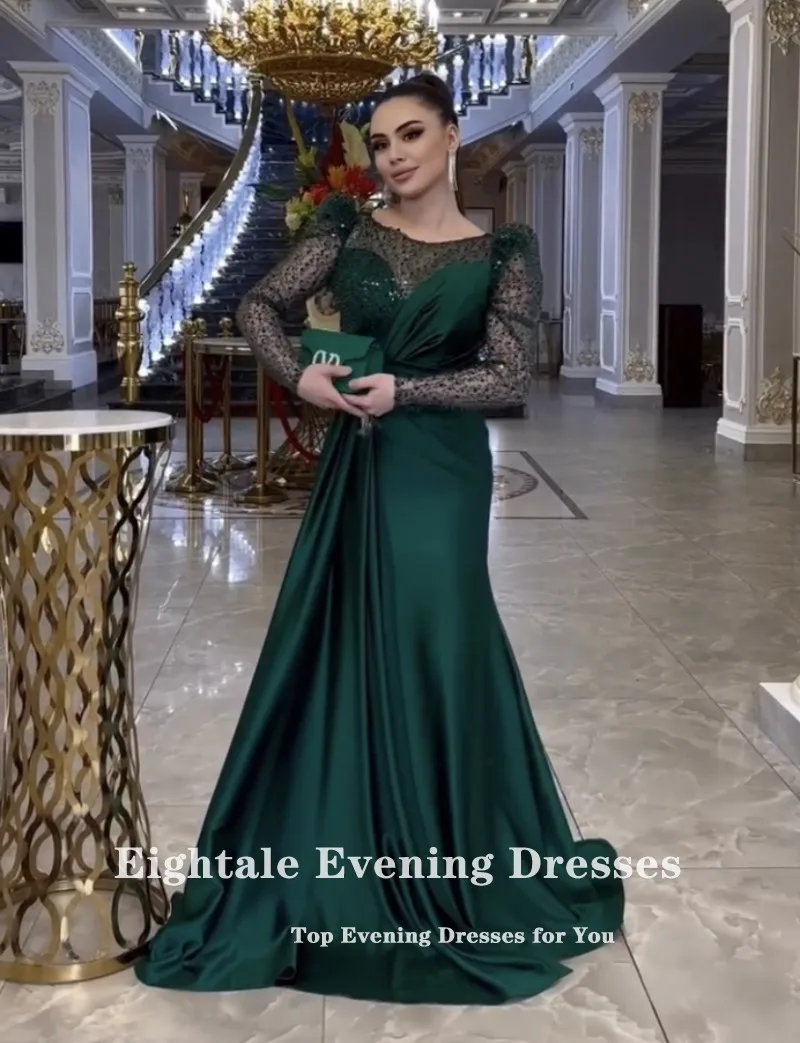 Eightale Emerald Green Evening Dresses O-Neck Glitter Long Sleeves Satin Customized Mermaid Party Prom Gown Vestidos De Noche