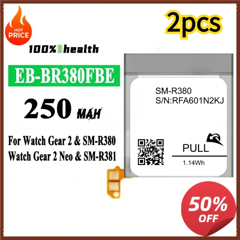 2PCS EB-BR380FBE 250mAh Lithium-ion Watch Battery Brand New Full Capacity Cell For Samsung Gear 2 Neo R380 R381