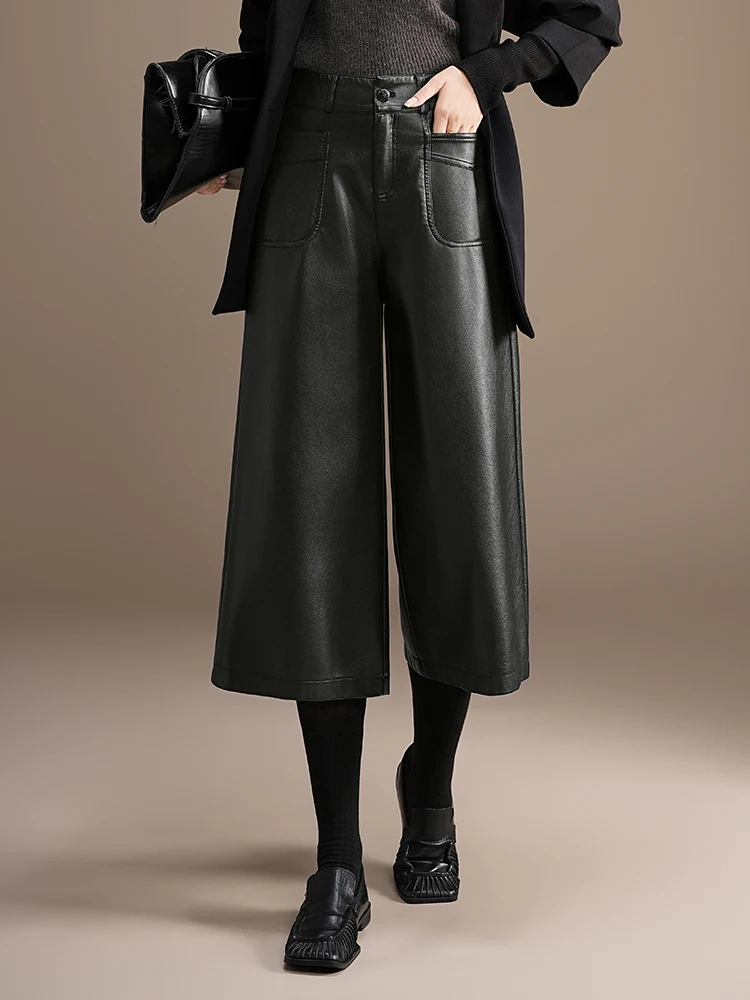 ZUZK جودة عالية بولي Leather الجلود كابري السراويل جديد إمرأة 2026 الخريف الشتاء شيك قصيرة بولي بنطال بنطال جلدي أنيق بنطال جلدي #1