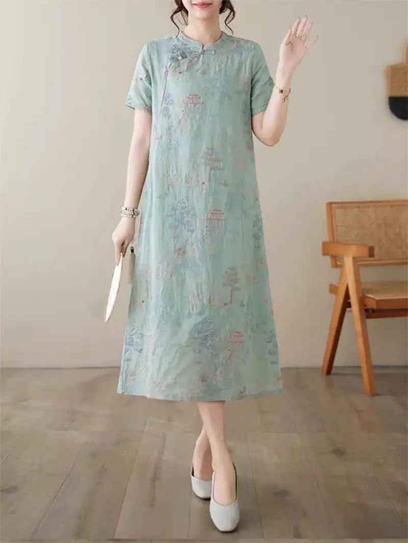 New Chinese Style Embroidered Improved Qipao Dress For Women In Summer Thin High-End Cotton And Linen Short Sleeve Dress K396