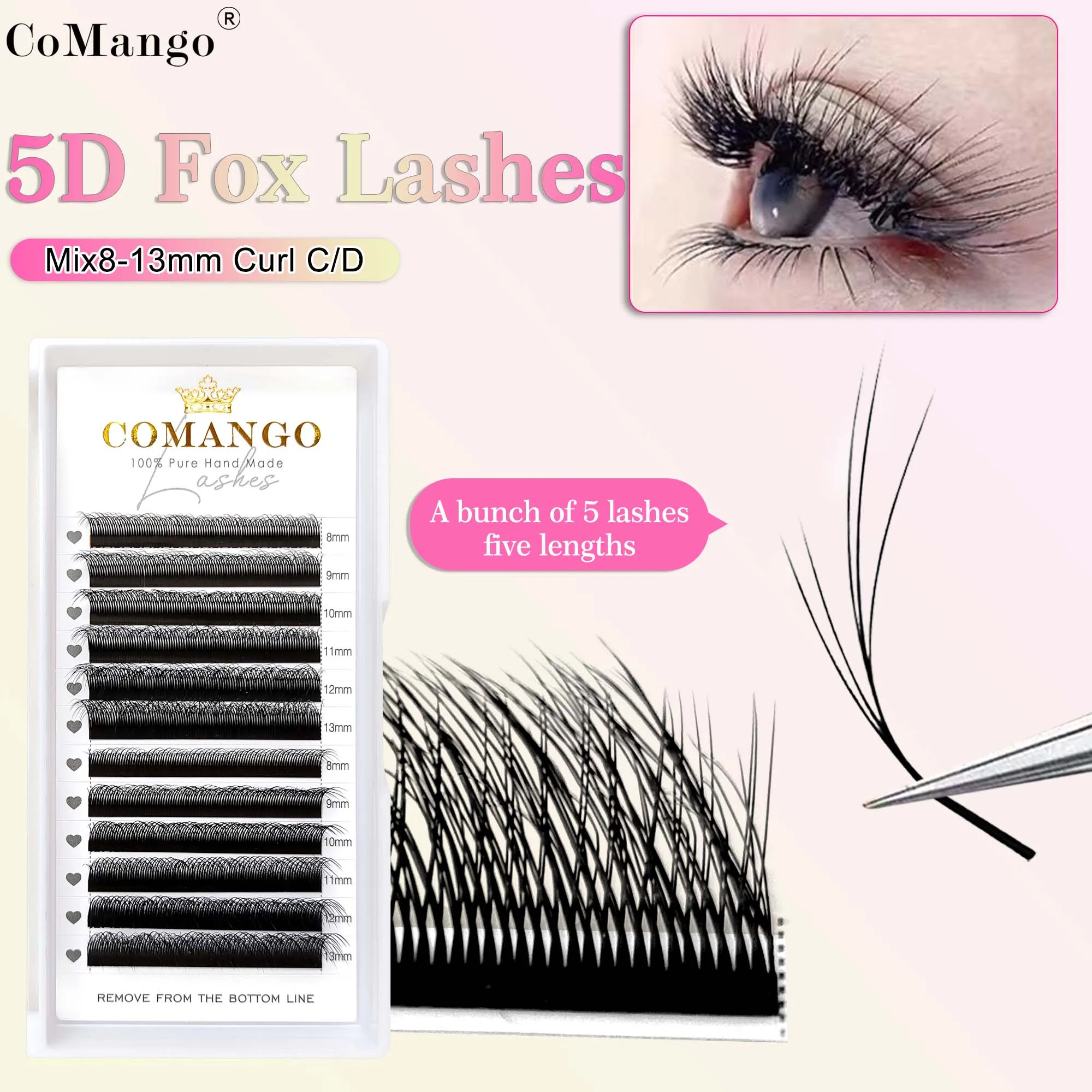 CoMango 5D Fox YY Shape Eye Lashes Extension C/D Curl Professional Black Fox Eye Style Lash High Quality Make-up Eyelashes