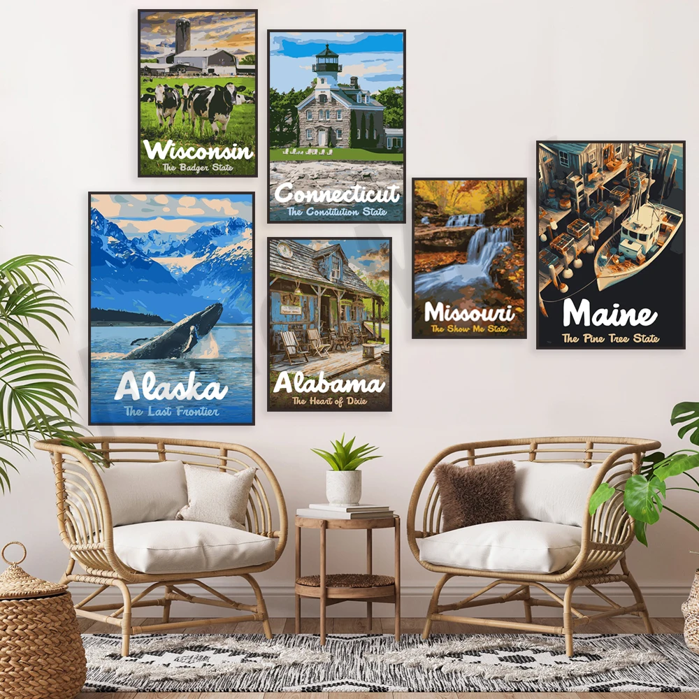 Alaska, Arizona, Connecticut, New York, North Dakota, Wisconsin, Missouri, Maine, Nevada, Alabama, Kansas travel posters