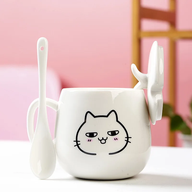 

Creative Cute Expression Ceramic Mug With Lid Spoon Water Tea Cup Women S Coffee
