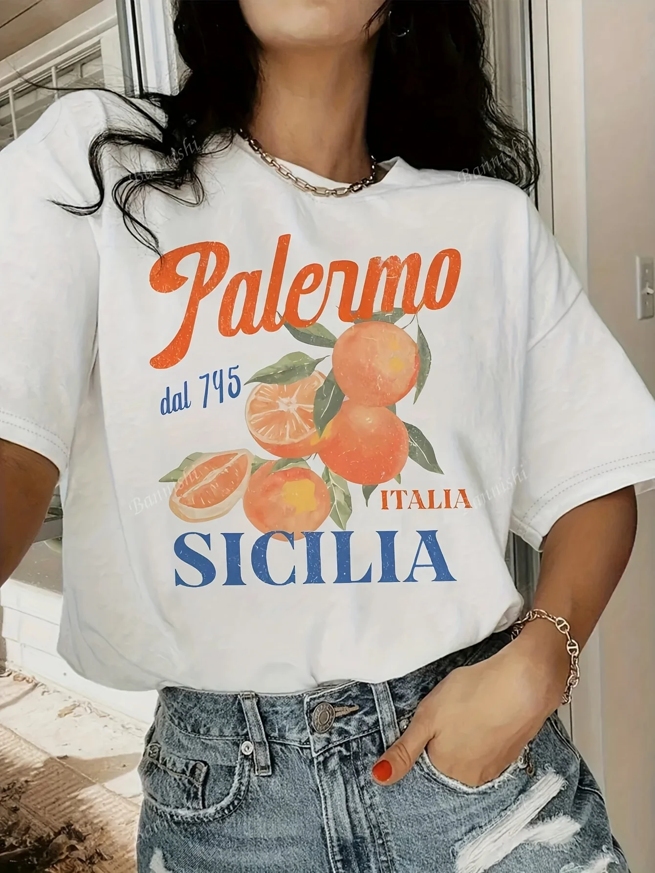 Maglietta Casual da Donna con Stampa di Agrumi Arancioni Vivaci e Scritta 'Palermo 757 Italia Sicilia', Abbigliamento Estetico Stile Harajuku