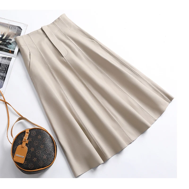 Genuine Leather Women Clothing England Fashion Sashes Waist Umbrella Pleated Skirt Femme Chic Beige/Black Fold Streetwear