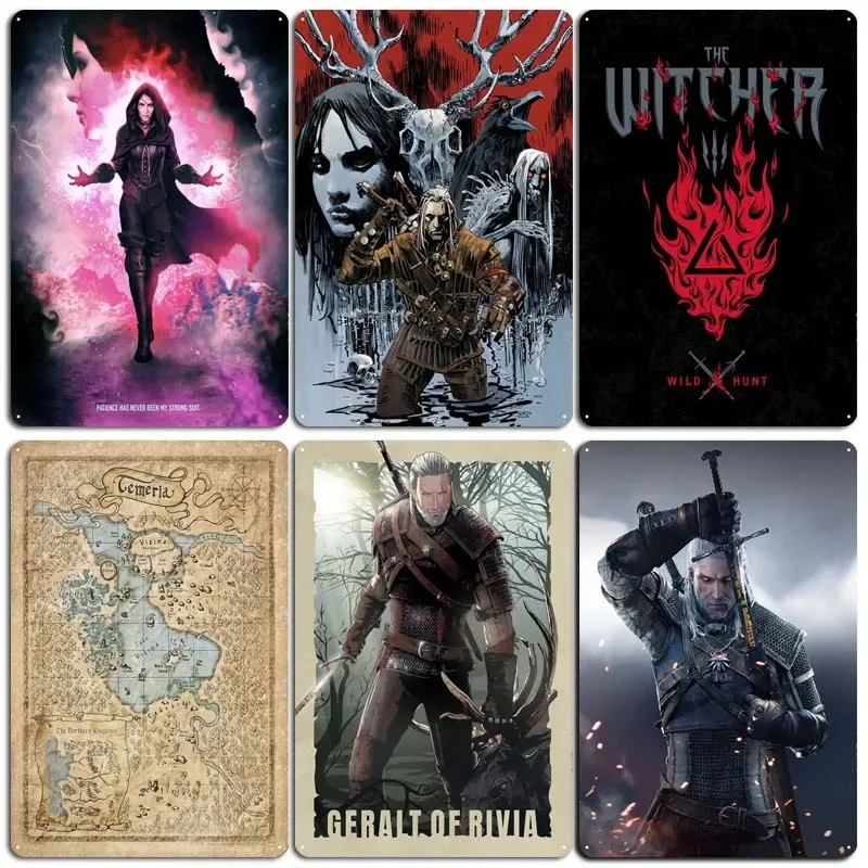 Sinais de jogo arte de parede de murais w-witcher 3 cartaz placa de sinal de metal vintage para sala de jogadores decoração de parede retro casa dezembro