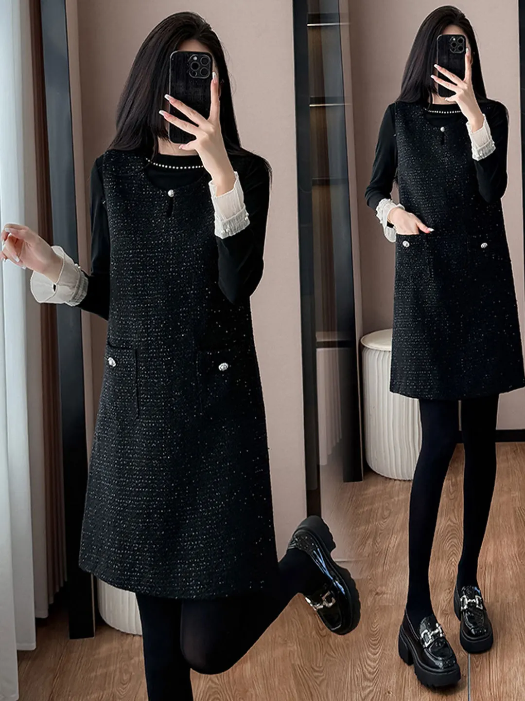 

Комплект из двух предметов Little Fraance: жилет и лонгслив для полных женщин, осенне-зимняя мода