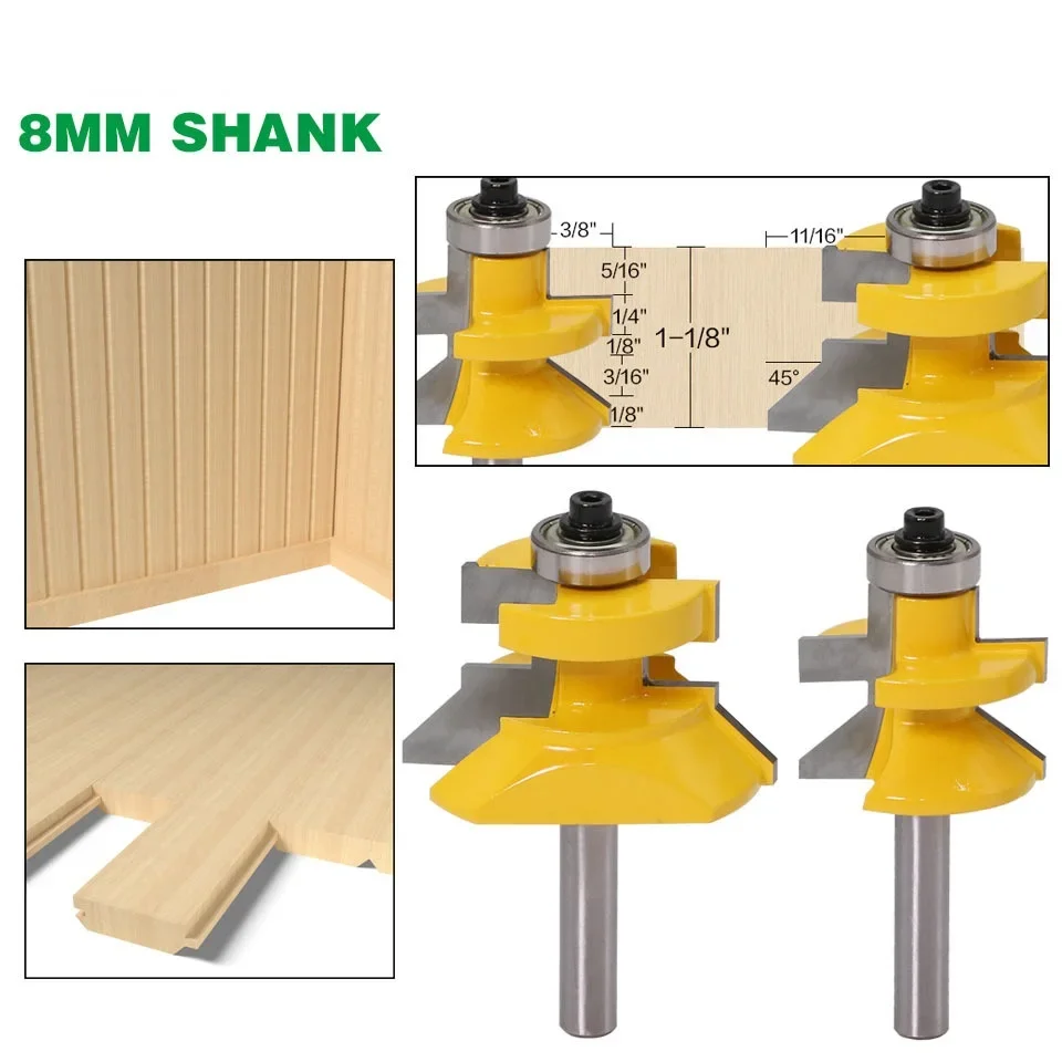 Juego de brocas para enrutador de lengüeta combinada y ranura en V con vástago de 2 piezas y 8 mm con rodamientos de bolas premium, corte para carpintería