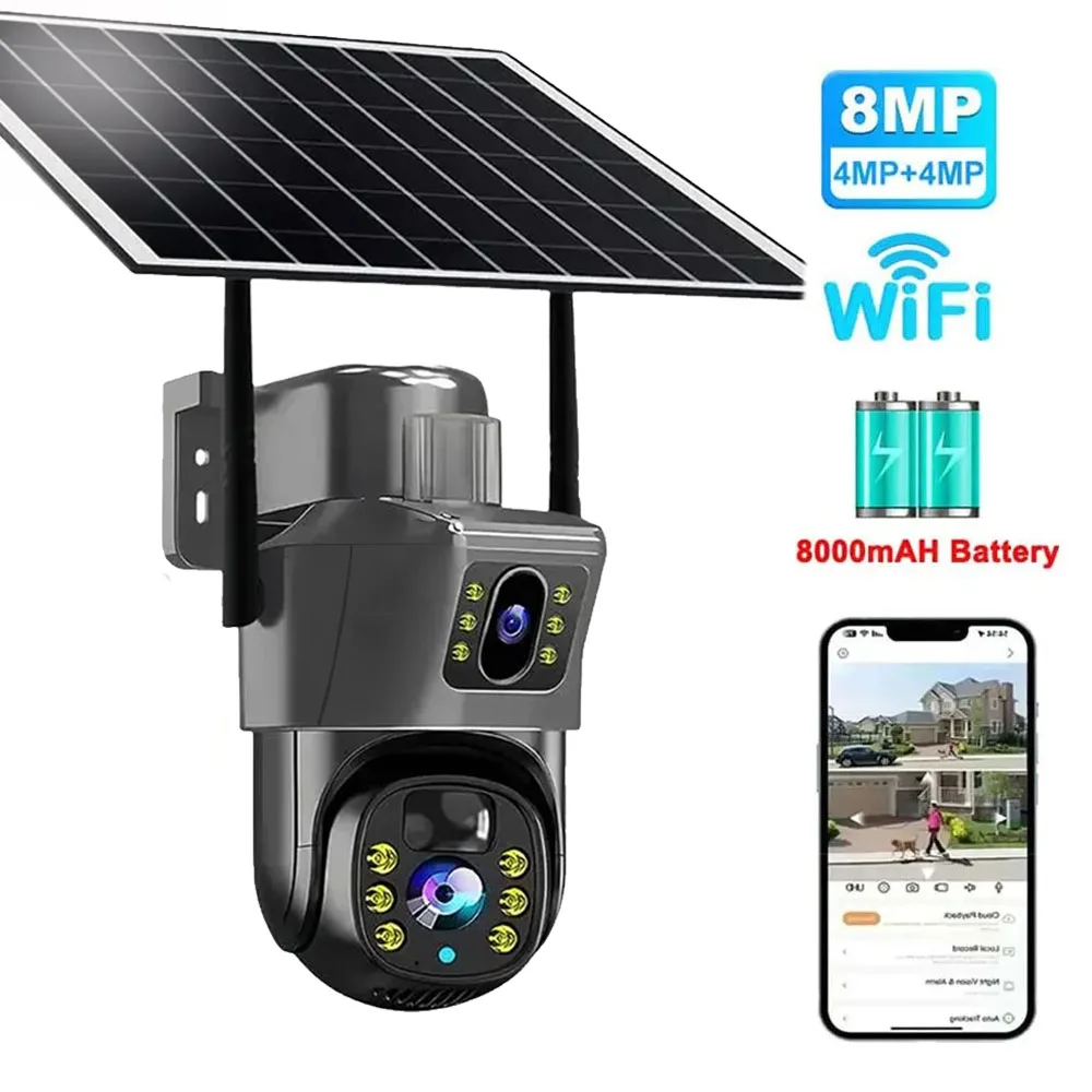 8MP WiFi Solar Camera Dual Lenses Outdoor 4K Low Power Battery IP Camera PIR Night Vision CCTV Security Protection V380 Pro