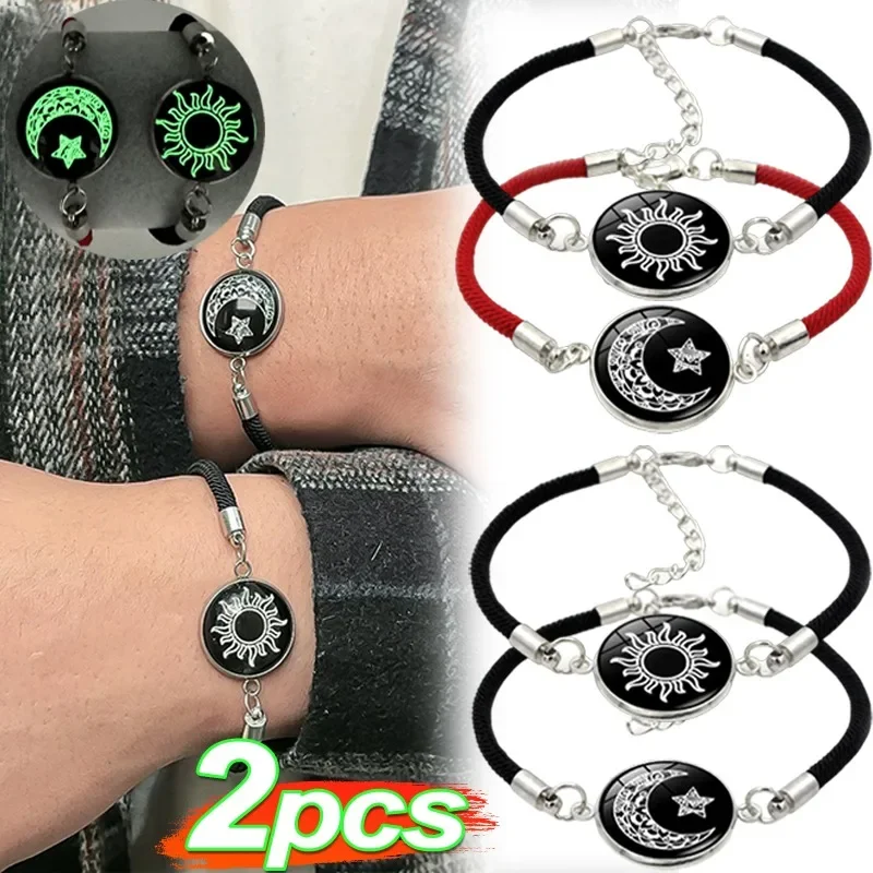 2pcs Luminous Sun Moon Braided Bracelets for Lovers Adjustable Couple Bracelets Fashion Valentine's Day Jewelry Girlfriend Gifts