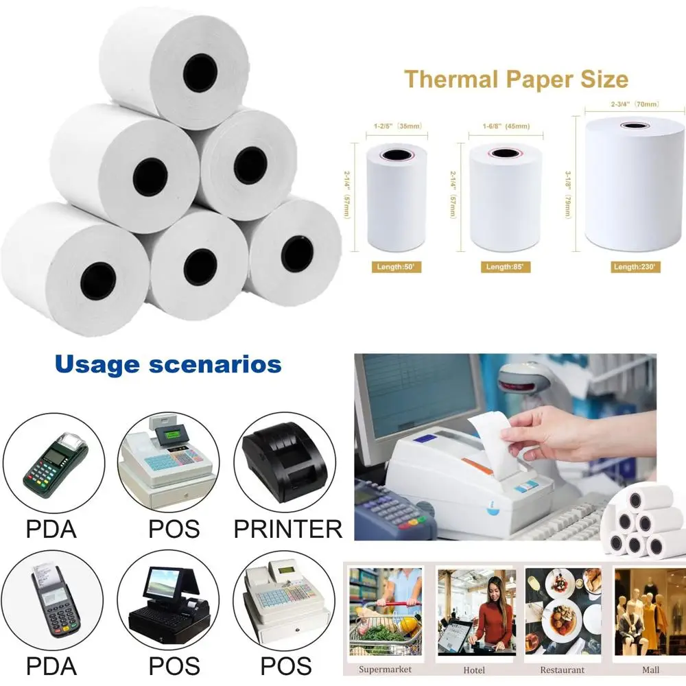 لفات ورق الإيصالات الحرارية 2.25 × 50 لطابعات نقاط البيع وتسجيل النقد، 200 لفة
