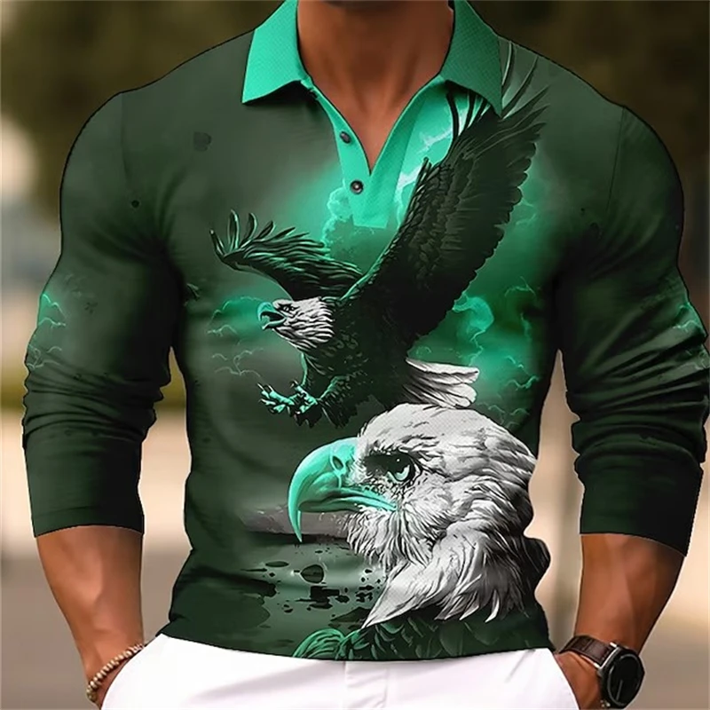 Tiger Eagle 3D Printed Long Sleeve Polo T-shirt For Mens Designer Clothes Lapel Streetwear High Quality Tops Comfortable Polo