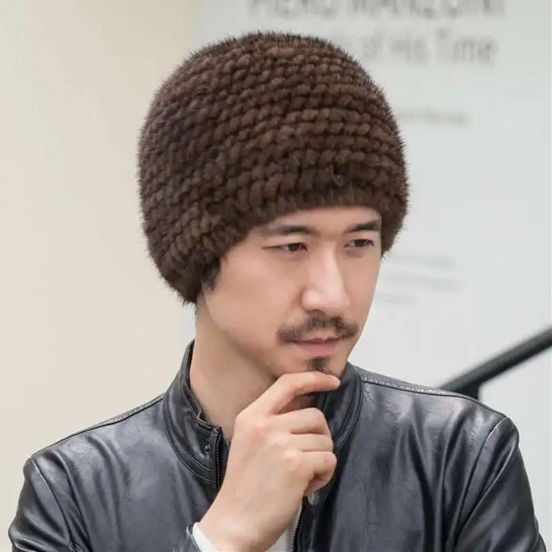 Real Mink Fur Men Hat Winter Thickened Knitted Ear Protector Fur Hat Natural Mink Fur Hats Luxury Russian Men Warm Knitted Hats