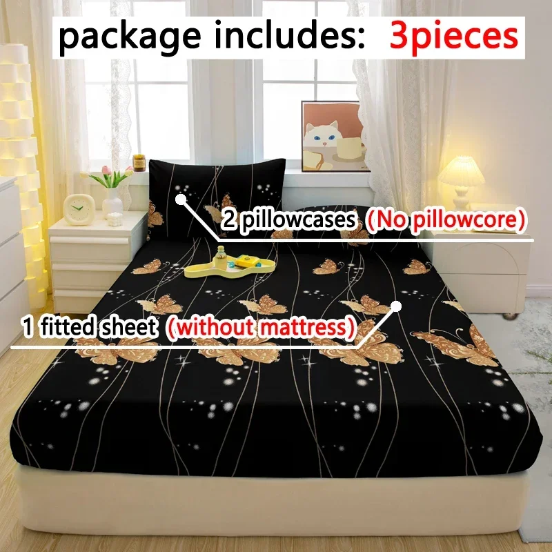 3-piece simple modern butterfly pattern matte three piece fitted sheet set, bedroom printed bed cover set, bedding