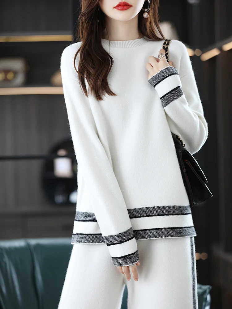 Autumn New 100% Pure Wool Sweater Set Two Piece Loose Knitted Luxury High end Wool Sweater Pants [No Returns Supported]