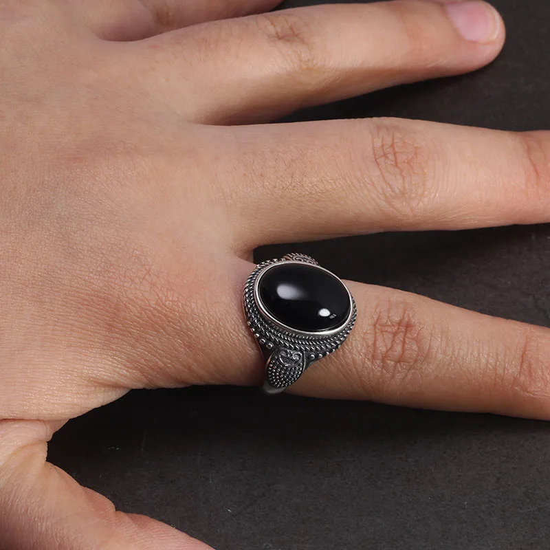 Real Pure 925 Sterling Silver Natural Black Onyx Stone Rings For Women Vintage Style Thai Silver Resizable Open Type