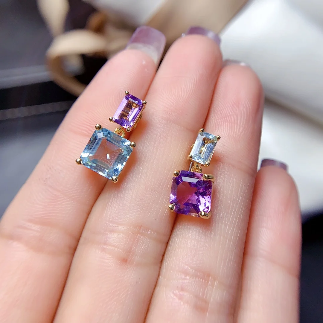FS S925 Sterling Silver Natural Amethyst Topaz Asymmetric Earrings for Women Fine Charm Wedding Jewelry With Certificate MeiBaPJ - view 5